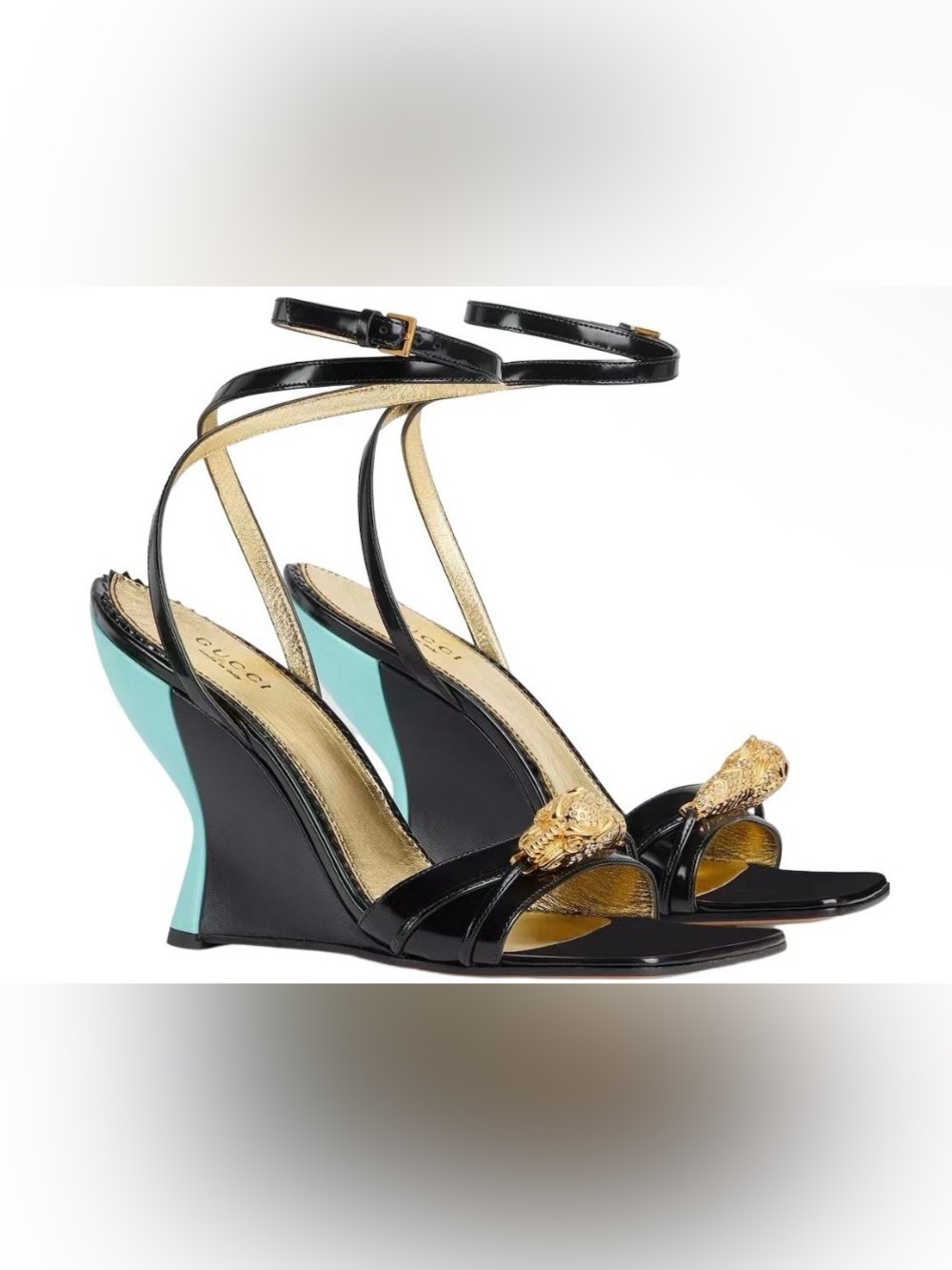 Gucci 95mm Regent Leather Wedge Sandal Black Blue 750208